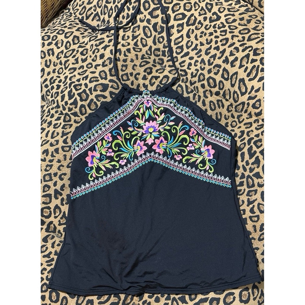 Gibson Latimer Women's Black‎ Embroidered Boho Halter Swimsuit Top, Medium